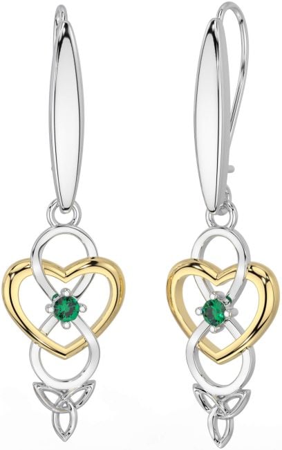 Emerald Gold Silver Infinity Celtic Trinity Knot Dangle Earrings