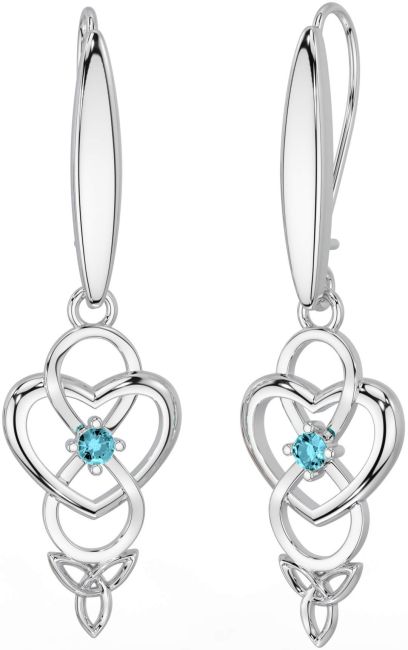 Aquamarine White Gold Infinity Celtic Trinity Knot Dangle Earrings