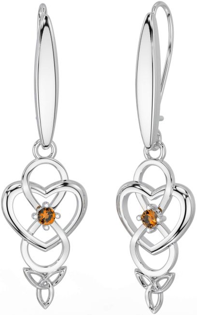 Citrine White Gold Infinity Celtic Trinity Knot Dangle Earrings