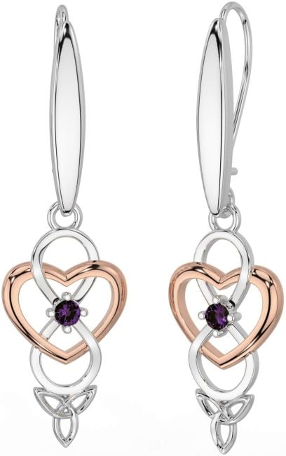 Alexandrite White Rose Gold Infinity Celtic Trinity Knot Dangle Earrings