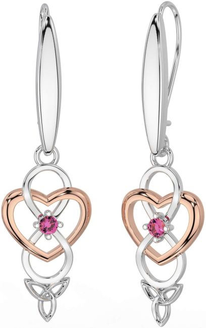 Pink Tourmaline White Rose Gold Infinity Celtic Trinity Knot Dangle Earrings