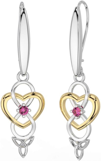 Pink Tourmaline White Yellow Gold Infinity Celtic Trinity Knot Dangle Earrings