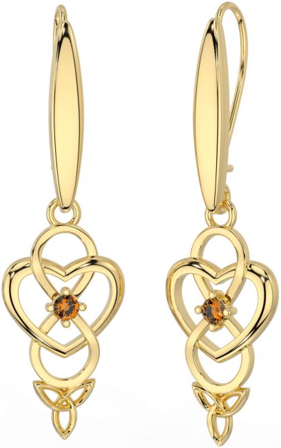 Citrine Gold Infinity Celtic Trinity Knot Dangle Earrings