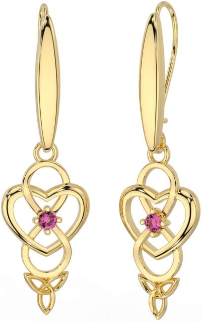 Pink Tourmaline Gold Infinity Celtic Trinity Knot Dangle Earrings