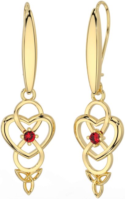 Ruby Gold Infinity Celtic Trinity Knot Dangle Earrings