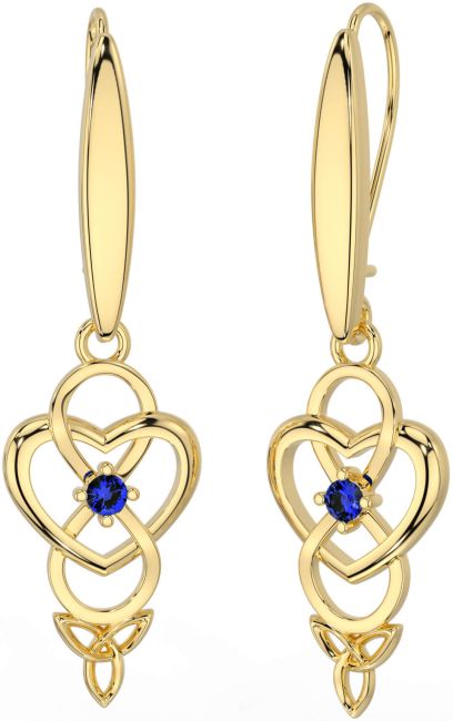 Sapphire Gold Infinity Celtic Trinity Knot Dangle Earrings