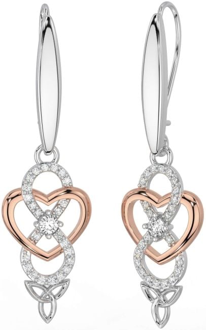 Diamond Rose Gold Silver Infinity Celtic Trinity Knot Dangle Earrings