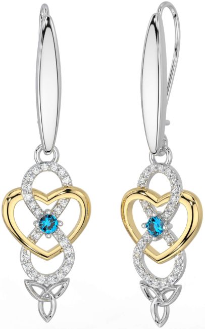 Diamond Topaz Gold Silver Infinity Celtic Trinity Knot Dangle Earrings