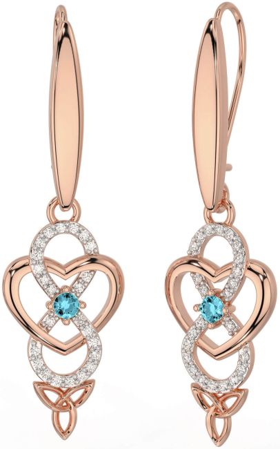 Diamond Aquamarine Rose Gold Silver Infinity Celtic Trinity Knot Dangle Earrings