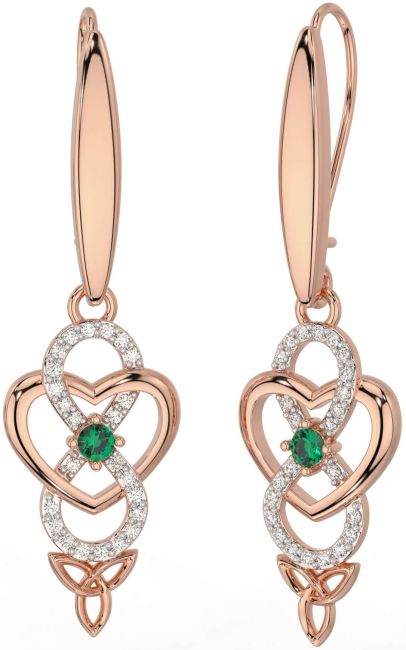 Diamond Emerald Rose Gold Silver Infinity Celtic Trinity Knot Dangle Earrings