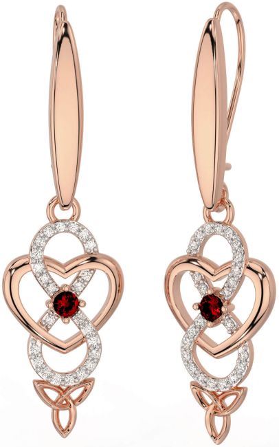 Diamond Garnet Rose Gold Silver Infinity Celtic Trinity Knot Dangle Earrings