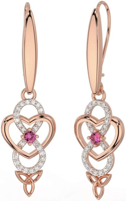 Diamond Pink Tourmaline Rose Gold Silver Infinity Celtic Trinity Knot Dangle Earrings