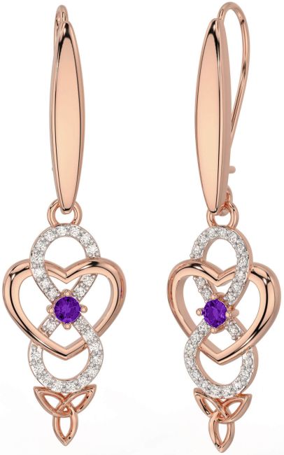 Diamond Amethyst Rose Gold Infinity Celtic Trinity Knot Dangle Earrings