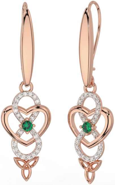 Diamond Emerald Rose Gold Infinity Celtic Trinity Knot Dangle Earrings