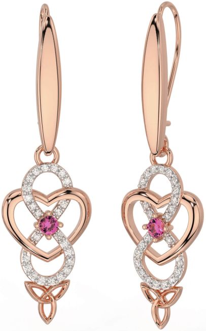 Diamond Pink Tourmaline Rose Gold Infinity Celtic Trinity Knot Dangle Earrings