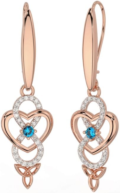 Diamond Topaz Rose Gold Infinity Celtic Trinity Knot Dangle Earrings