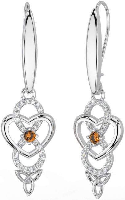 Diamond Citrine Silver Infinity Celtic Trinity Knot Dangle Earrings