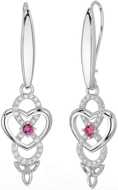 Diamond Pink Tourmaline Silver Infinity Celtic Trinity Knot Dangle Earrings