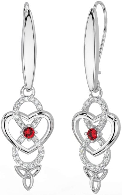 Diamond Ruby Silver Infinity Celtic Trinity Knot Dangle Earrings