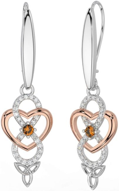 Diamond Citrine Rose Gold Silver Infinity Celtic Trinity Knot Dangle Earrings