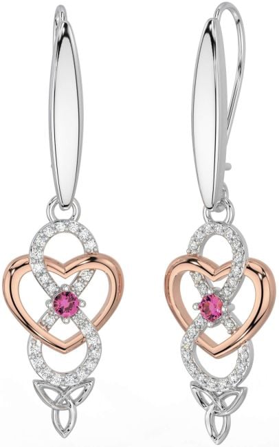 Diamond Pink Tourmaline Rose Gold Silver Infinity Celtic Trinity Knot Dangle Earrings