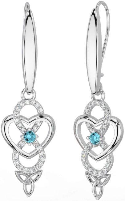 Diamond Aquamarine White Gold Infinity Celtic Trinity Knot Dangle Earrings