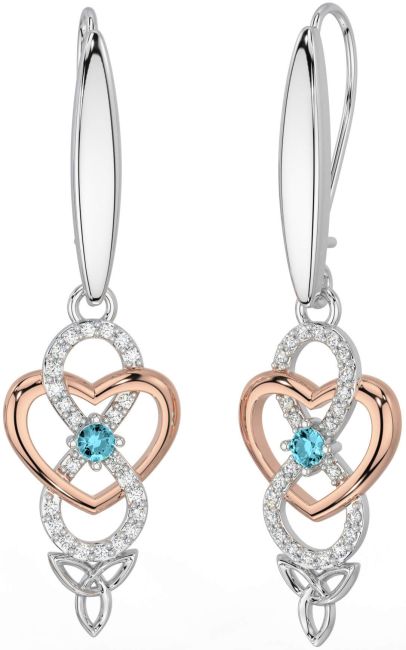 Diamond Aquamarine White Rose Gold Infinity Celtic Trinity Knot Dangle Earrings