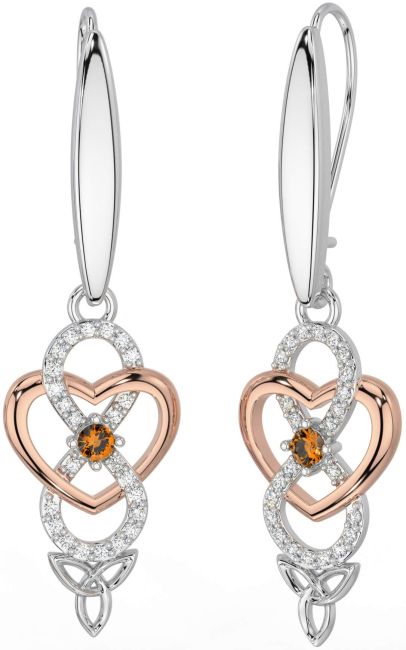 Diamond Citrine White Rose Gold Infinity Celtic Trinity Knot Dangle Earrings