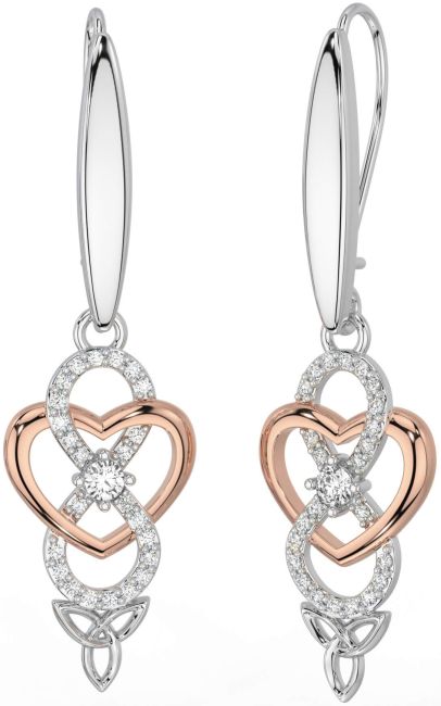 Diamond White Rose Gold Infinity Celtic Trinity Knot Dangle Earrings