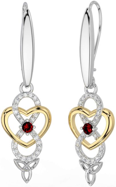 Diamond Garnet White Yellow Gold Infinity Celtic Trinity Knot Dangle Earrings