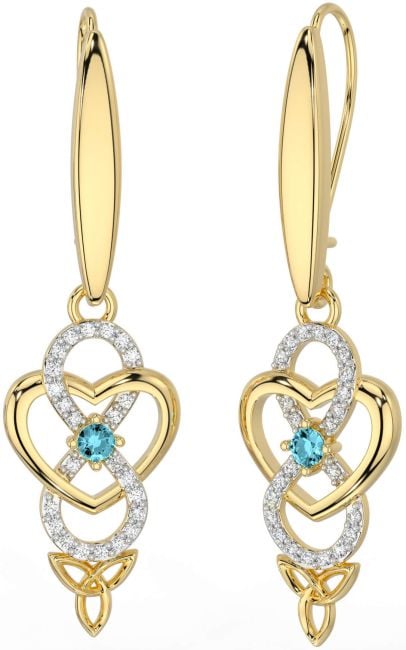 Diamond Aquamarine Gold Infinity Celtic Trinity Knot Dangle Earrings