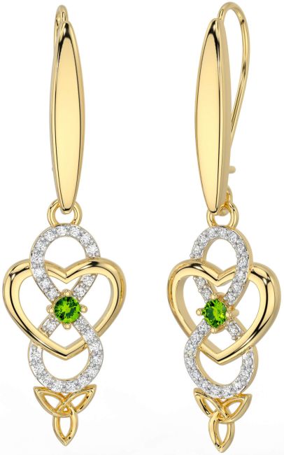 Diamond Peridot Gold Infinity Celtic Trinity Knot Dangle Earrings