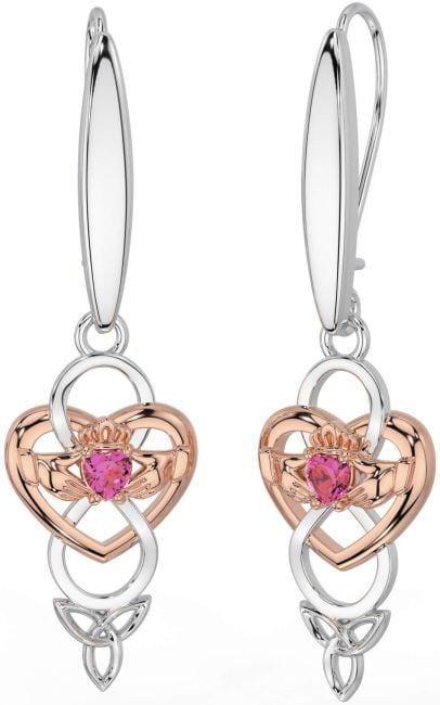 Pink Tourmaline Rose Gold Silver Celtic Claddagh Infinity Trinity Knot Dangle Earrings