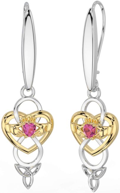 Pink Tourmaline Gold Silver Celtic Claddagh Infinity Trinity Knot Dangle Earrings