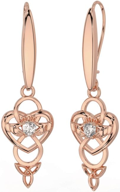 Diamond Rose Gold Silver Celtic Claddagh Infinity Trinity Knot Dangle Earrings