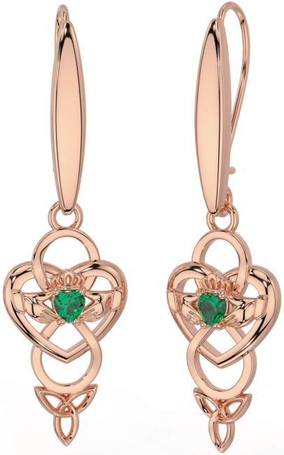 Emerald Rose Gold Silver Celtic Claddagh Infinity Trinity Knot Dangle Earrings