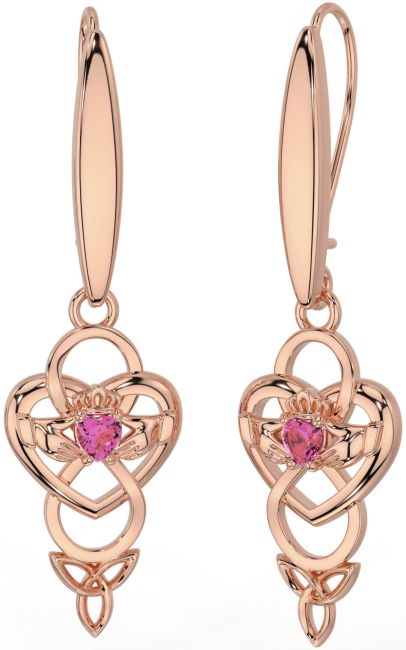 Pink Tourmaline Rose Gold Silver Celtic Claddagh Infinity Trinity Knot Dangle Earrings