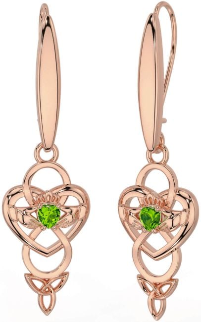 Peridot Rose Gold Silver Celtic Claddagh Infinity Trinity Knot Dangle Earrings