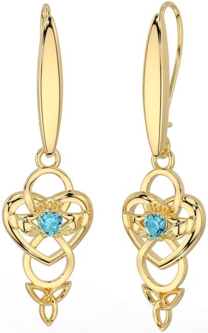 Aquamarine Gold Silver Celtic Claddagh Infinity Trinity Knot Dangle Earrings