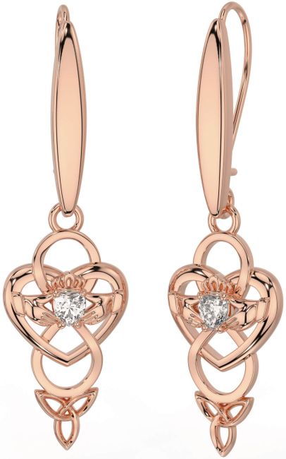 Diamond Rose Gold Celtic Claddagh Infinity Trinity Knot Dangle Earrings