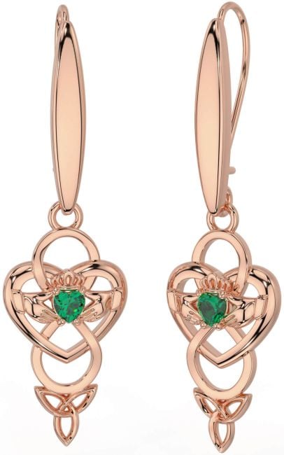 Emerald Rose Gold Celtic Claddagh Infinity Trinity Knot Dangle Earrings