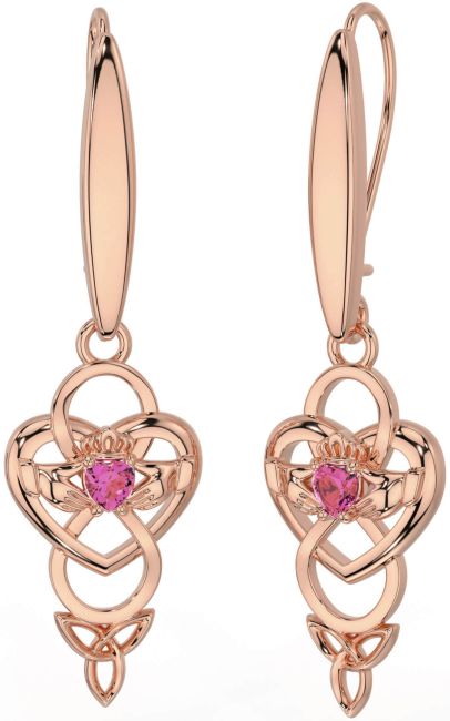Pink Tourmaline Rose Gold Celtic Claddagh Infinity Trinity Knot Dangle Earrings