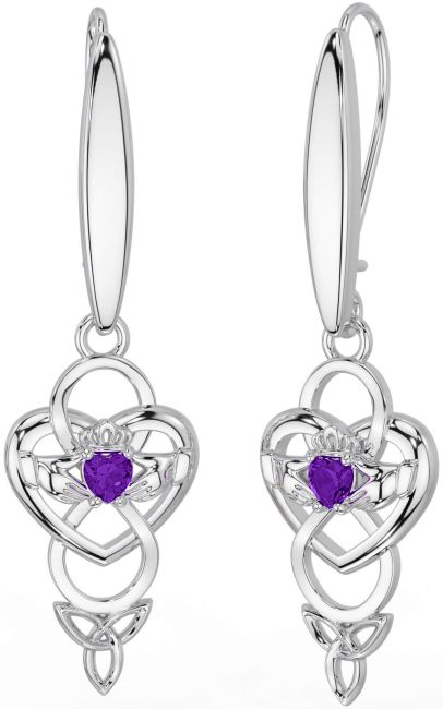 Amethyst Silver Celtic Claddagh Infinity Trinity Knot Dangle Earrings