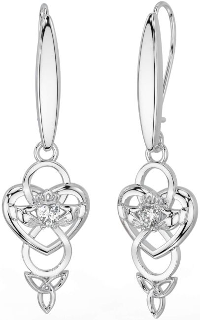 Diamond Silver Celtic Claddagh Infinity Trinity Knot Dangle Earrings