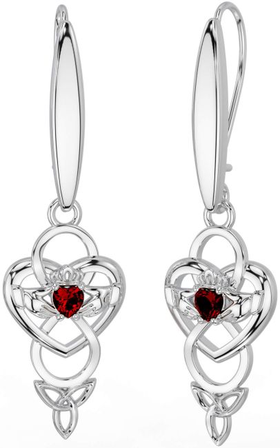 Garnet Silver Celtic Claddagh Infinity Trinity Knot Dangle Earrings