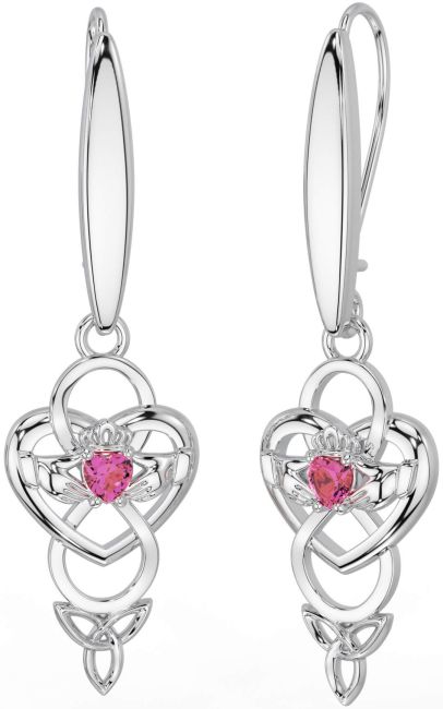 Pink Tourmaline Silver Celtic Claddagh Infinity Trinity Knot Dangle Earrings