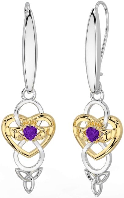 Amethyst Gold Silver Celtic Claddagh Infinity Trinity Knot Dangle Earrings