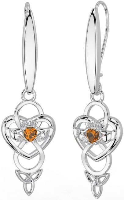 Citrine White Gold Celtic Claddagh Infinity Trinity Knot Dangle Earrings