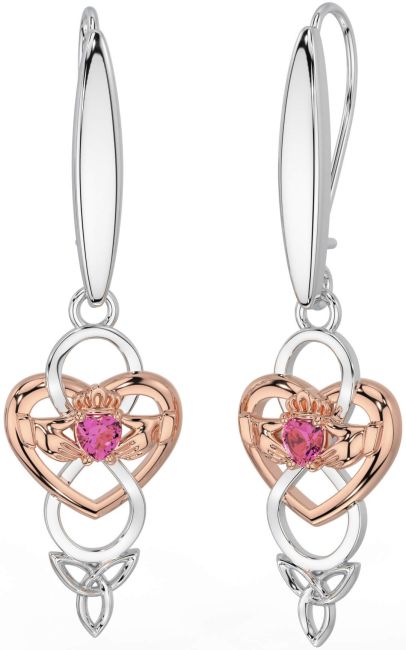Pink Tourmaline White Rose Gold Celtic Claddagh Infinity Trinity Knot Dangle Earrings