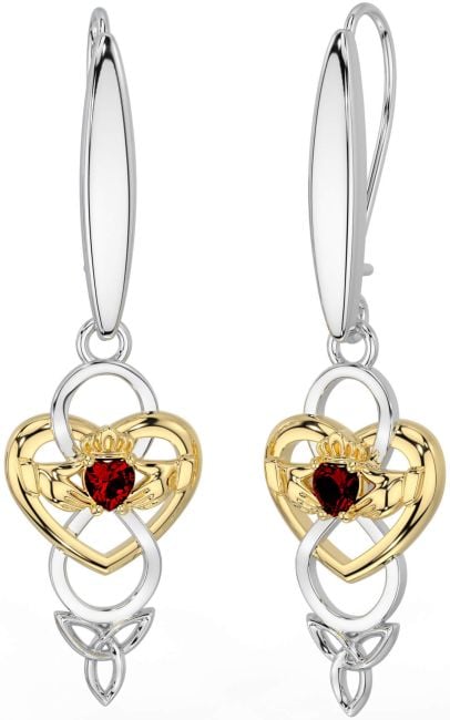 Garnet White Yellow Gold Celtic Claddagh Infinity Trinity Knot Dangle Earrings
